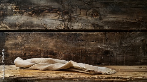 A cloth napkin is placed on a rustic table with a wooden plank board background. © Emil