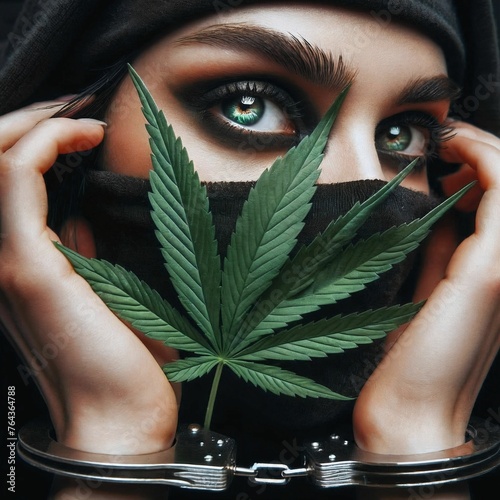 Close up of an arrested cannabis consumer with handcuffed hands. Cannabis leaf. Consumer was caught with weed. Law and police concept. Legalization. Marijuana ganja weed. Generative AI photo