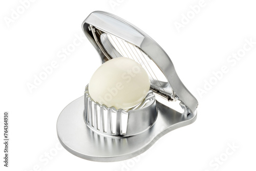 open metal design egg slicer with uncut egg isolated on white background	