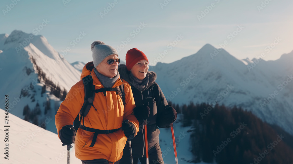 A couple of older people are skiing on a mountain