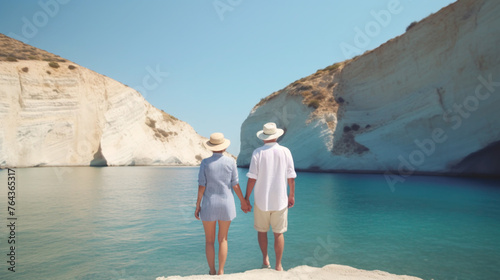 A couple is sitting on a rock overlooking a body of water