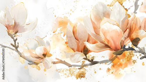 watercolor  gold foil and glitter magnolia flowers  in the style of a paint palette with watercolour wet ink