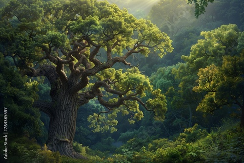 Ancient Oak: A Testament to Strength and Renewal - Picture a majestic oak tree standing tall in a lush forest, its broad branches reaching towards the sky.