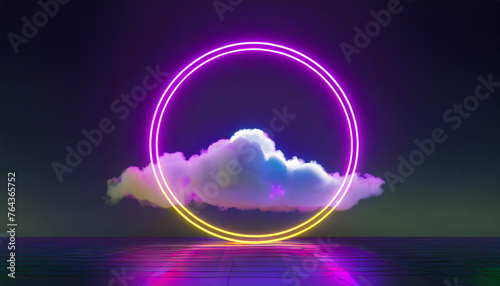 3d render, fantasy background with glowing neon ring and white cloud above the calm water. Abstract seascape.