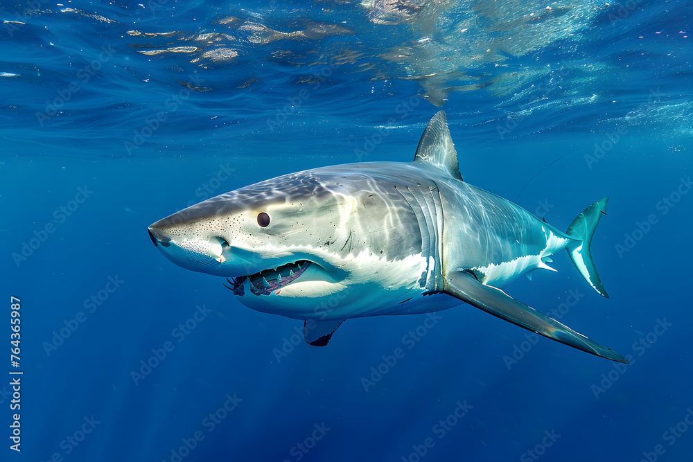 Fototapeta premium Great White Shark in blue ocean. Underwater photography. Predator hunting near water surface