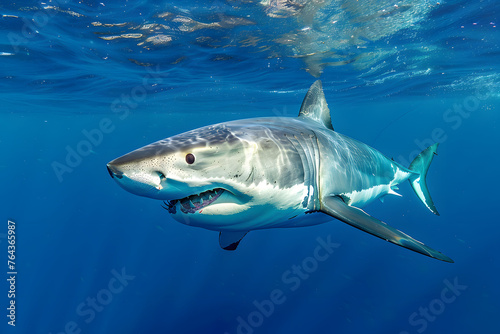 Great White Shark in blue ocean. Underwater photography. Predator hunting near water surface © Gonzalo