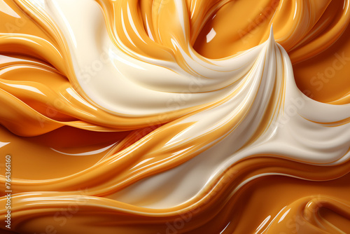 smooth texture of liquid melted caramel and milk cream, poured onto the surface