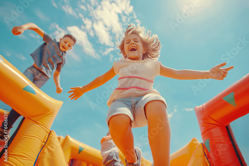 Happy children play and laugh on a bouncy castle in the summer