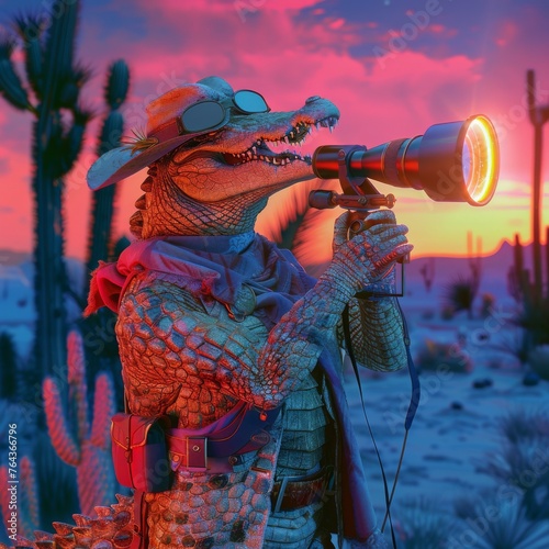 Crocodile eating in hat with telescope, macro lens at desert, neon photo