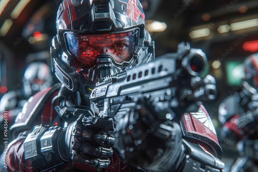 Futuristic Soldier in High Tech Armor Aiming with Advanced Weapon in a Sci Fi Environment Futuristic Soldier in High Tech Armor Aiming with Advanced Weapon in a Sci Fi Environment