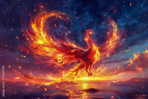 Majestic Phoenix Rising from the Flames at Sunset over Ocean, Mythical Fire Bird with Resplendent Wings Illuminated by Twilight © pisan