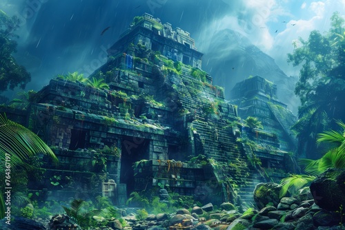 Mystical Ancient Ruins Covered in Lush Vegetation in a Tranquil Forest Setting with Rays of Sunlight Filtering Through