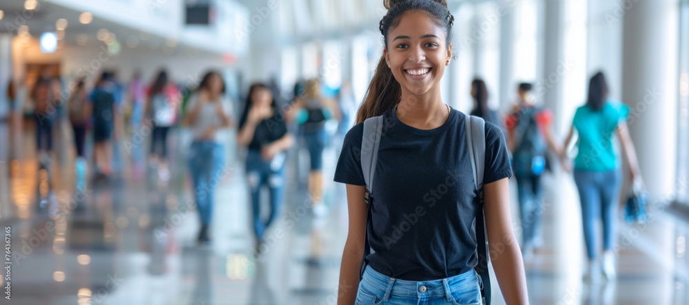 Light skin female. plain black t-shirt. Blue Jeans. Pony tail. walking in arena concourse. Full body. zoomed out. Out of focus people in background. 25 years old. smile