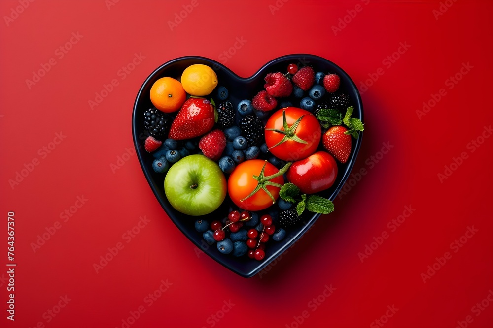 Heartshaped Plate With Fruits And Vegetables On Red Background Top View. Concept Food Photography, Top View, Heart Shaped Plate, Fruits, Vegetables Heartshaped Plate With Fruits And Vegetables On Red Background Top View. Concept Food Photography, Top View, Heart Shaped Plate, Fruits, Vegetables