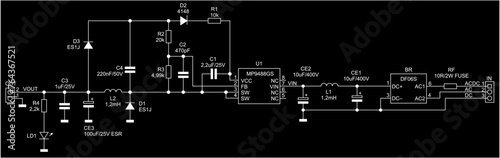 Technical schematic diagram of electronic device.
Vector drawing electrical circuit with 
coil, capacitor, resistor, integrated circuit,
diode, connector, other electronic components.
