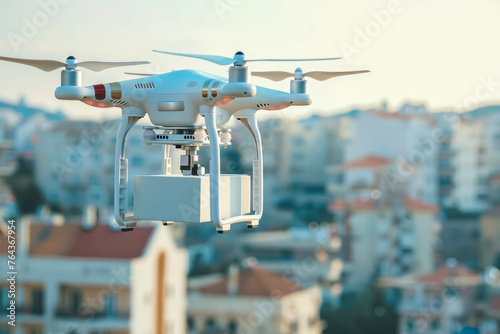 A white drone flies high above the city delivering white packaging. Modern logistics system. Generative AI.