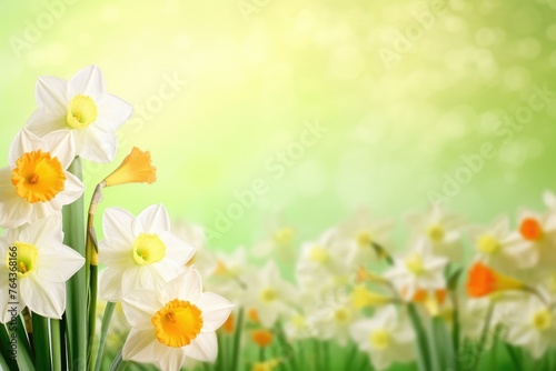 Beautiful meadow of white and yellow daffodils against a lush green backdrop