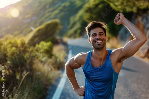 Energetic runner celebrating fitness success on a scenic mountain road at sunset, concept of achievement and healthy lifestyle