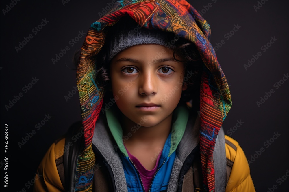 Portrait of a boy in a hoodie on a dark background