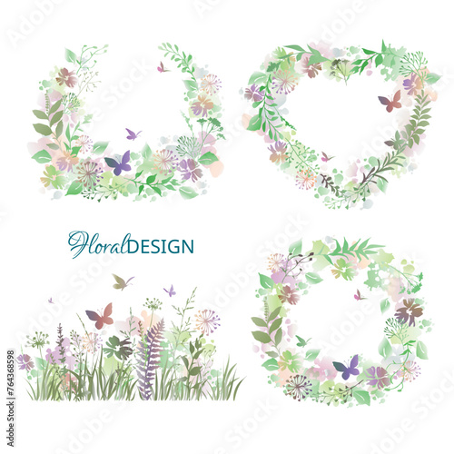 Set of green floral frames in watercolor style. Vector illustration