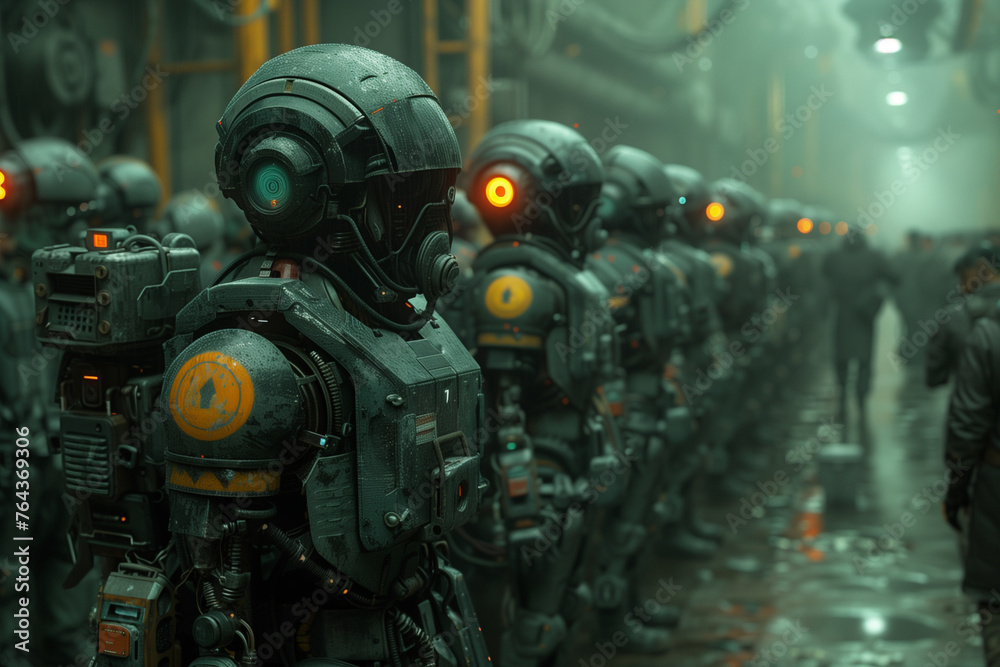 Fototapeta premium A line of advanced robots alongside a human figure, suggesting a compelling narrative of coexistence or conflict