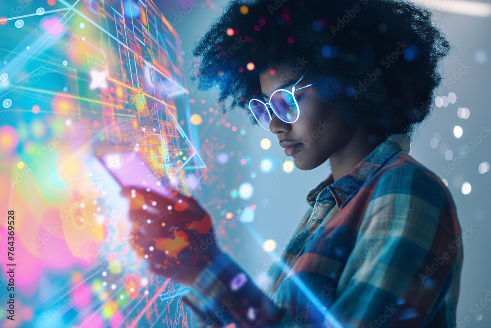 Woman using a smartphone to search or process data, the data is shown on it virtually or in double exposure. Technology concept, big data, connected life, augmented reality, digital life... Woman using a smartphone to search or process data, the data is shown on it virtually or in double exposure. Technology concept, big data, connected life, augmented reality, digital life...