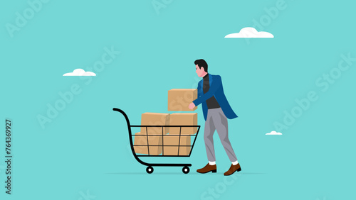 raw materials inventory shopping, Inventory Management With Goods Demand And Stock Supply Planning, Businessman put raw materials in shopping cart as supplies for production needs concept illustration