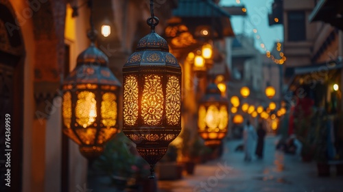 Illuminated traditional lanterns in old city street, evoking feelings of heritage and cultural celebration, concept of Ramadan and Eid festivities