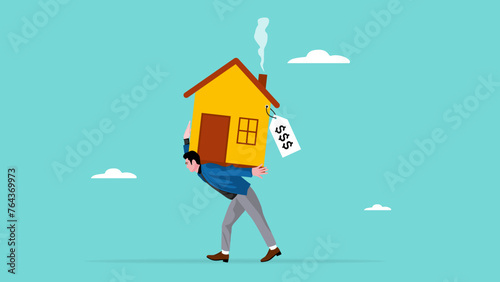 house mortgage overpay concept, real estate payment overprice, Property payoff to credit concept, depressed office worker man carrying house with expensive price tag vector illustration