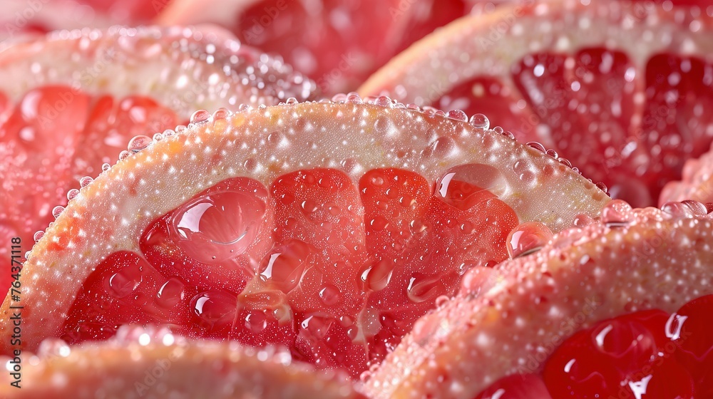 Closeup view of red pomelo pulp with seeds isolated on white background. Thailand Siam ruby pomelo fruit. Natural source of vitamin C (antioxidants) and potassium. Healthy food for slow down aging