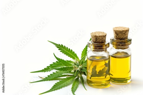 Two bottles of cannabis oil are on a white background