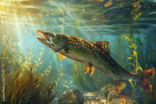 A fish is swimming in a body of water with green plants and rocks