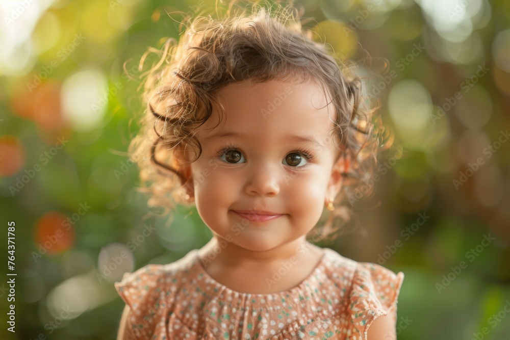 A young girl with curly hair is smiling and looking at the camera A young girl with curly hair is smiling and looking at the camera