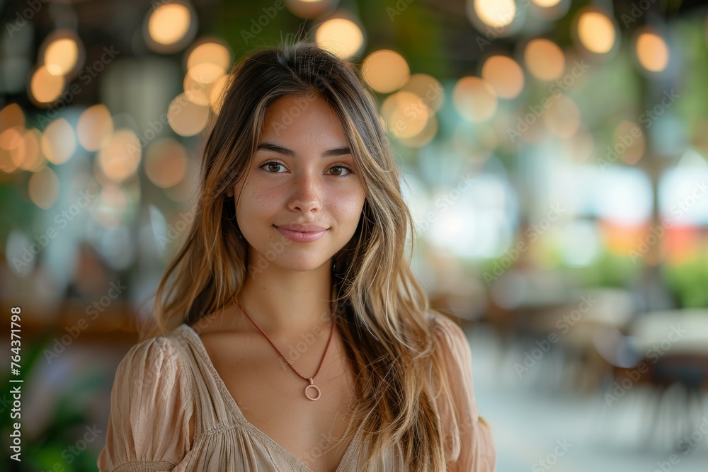 A woman with long brown hair is smiling and wearing a necklace A woman with long brown hair is smiling and wearing a necklace