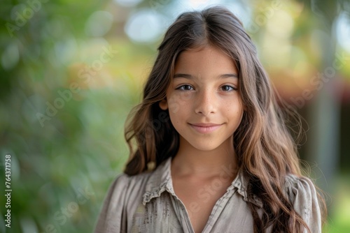 A young girl with long brown hair is smiling for the camera