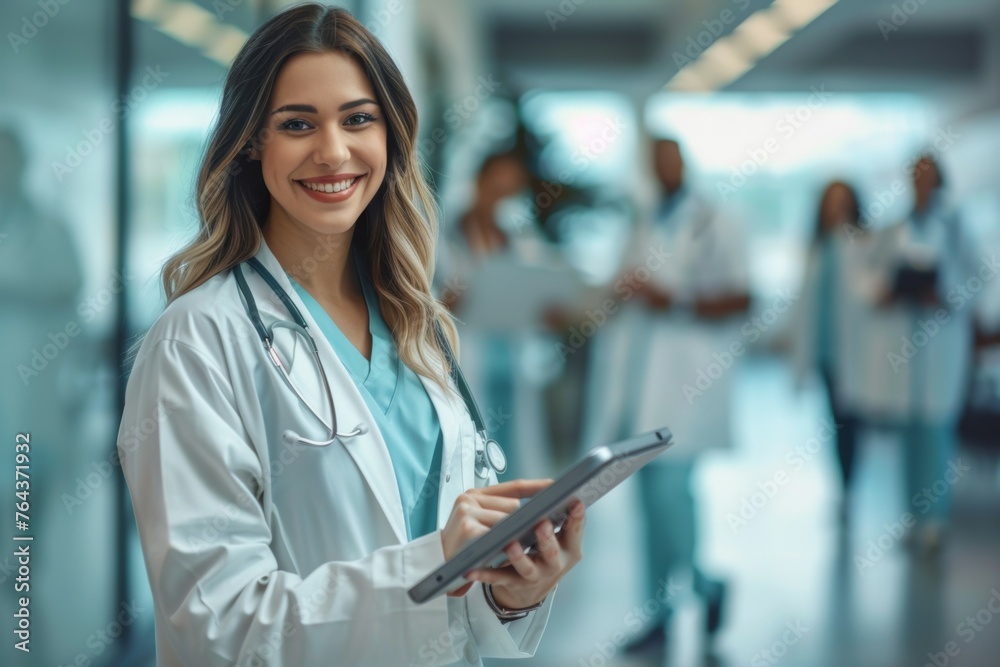 A woman in a white coat is smiling and holding a tablet A woman in a white coat is smiling and holding a tablet