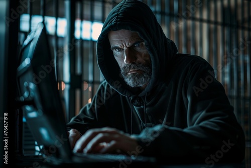 A man wearing a hoodie is typing on a laptop. Prisoner hacker in prison