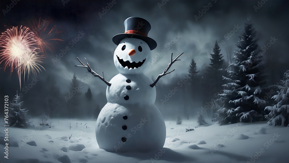 Fototapeta premium Sinister Snowman: Haunting New Year's Night