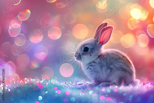 Rabbit sitting on dark night magic field with neon colorful lights. Fairy tail. Easter bunny. Creative holiday design for card, banner, poster with copy space