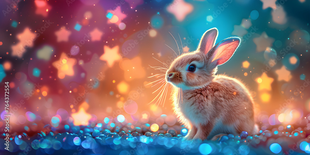 Rabbit sitting on dark night magic field with neon colorful lights. Fairy tail. Easter bunny. Creative holiday design for card, banner, poster with copy space Rabbit sitting on dark night magic field with neon colorful lights. Fairy tail. Easter bunny. Creative holiday design for card, banner, poster with copy space