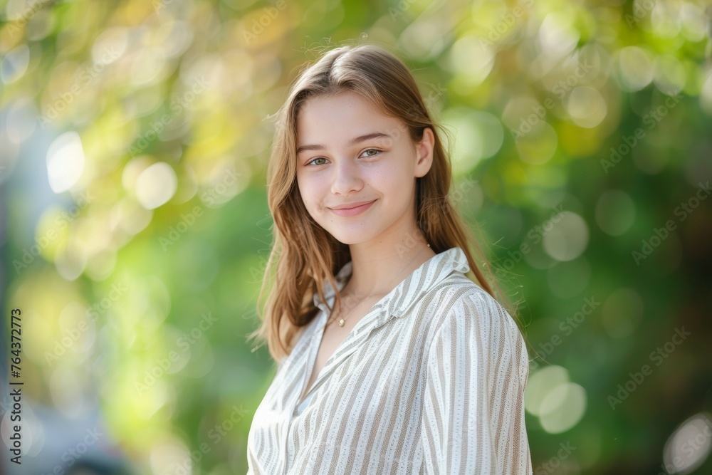 A young woman is smiling and wearing a white shirt with stripes A young woman is smiling and wearing a white shirt with stripes