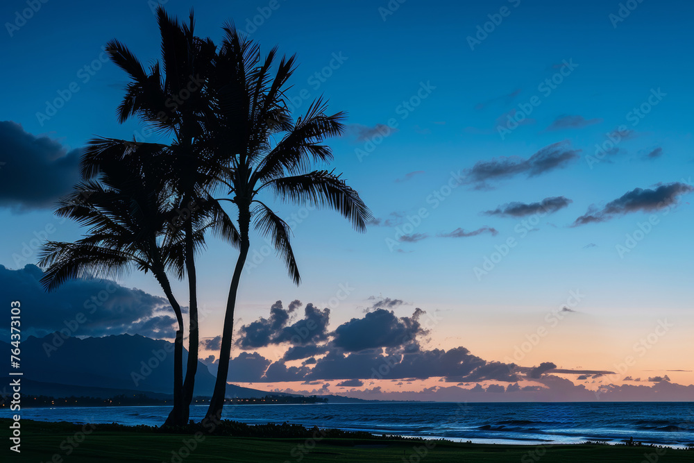 Tropical Sunset with Wind-Swept Palms.  Golf Course-Like Setting on the Water, Generative AI.
