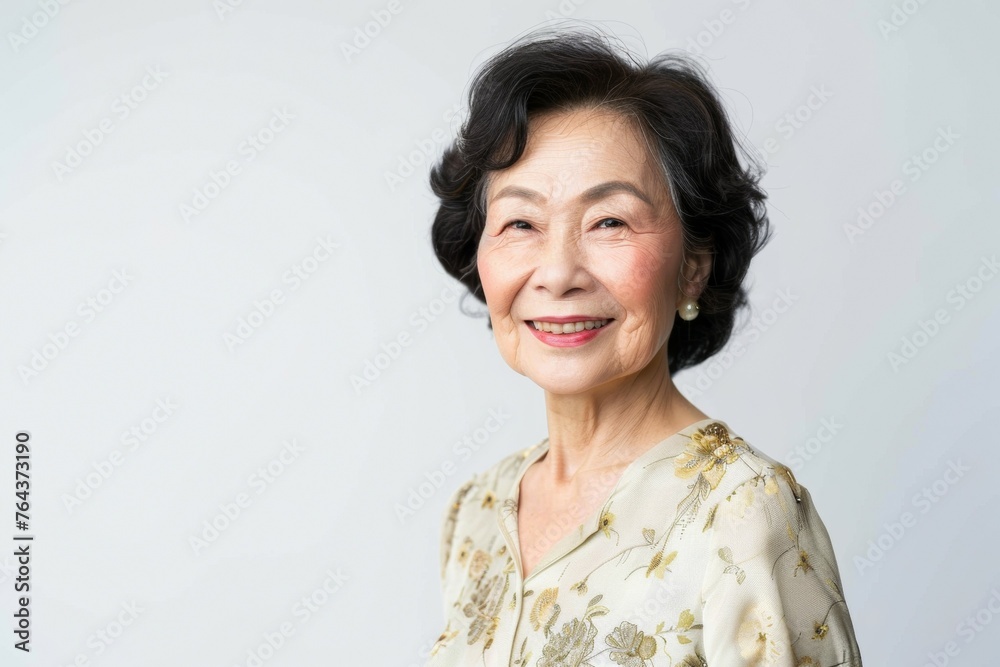 A woman with a white dress and a flower pattern on it is smiling A woman with a white dress and a flower pattern on it is smiling