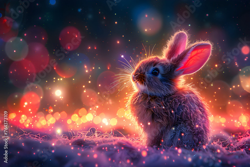 Rabbit sitting on dark night magic field with neon colorful lights. Fairy tail. Easter bunny. Creative holiday design for card, banner, poster with copy space