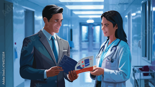Engaging Medical Illustration: Dynamic Interaction Between Pharmaceutical Sales Rep and Female Doctor Introducing Innovative Medication. Hospital Leadership Collaborating with Healthcare Team. Vibrant photo