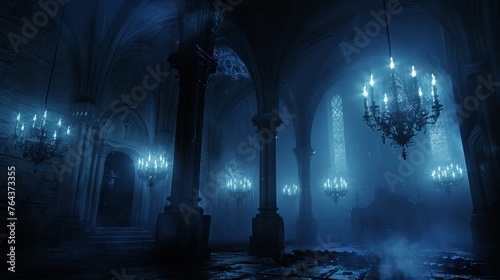 A dark room with chandeliers and a large stained glass window, AI