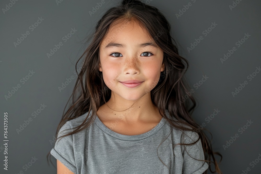 A young girl with long hair and a grey shirt is smiling at the camera A young girl with long hair and a grey shirt is smiling at the camera