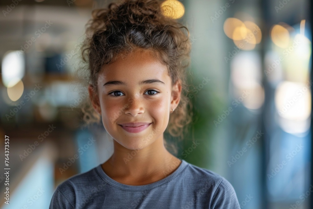 A young girl with curly hair is smiling at the camera A young girl with curly hair is smiling at the camera