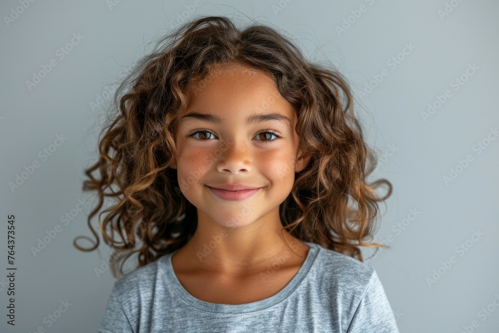 A young girl with curly hair is smiling at the camera A young girl with curly hair is smiling at the camera