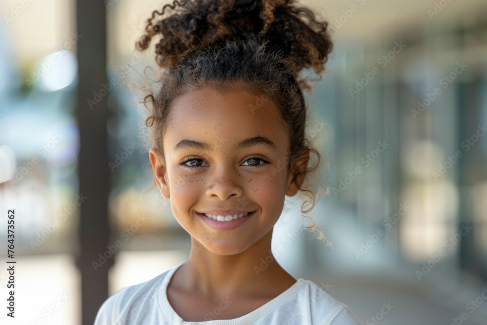 A young girl with curly hair is smiling and looking at the camera A young girl with curly hair is smiling and looking at the camera